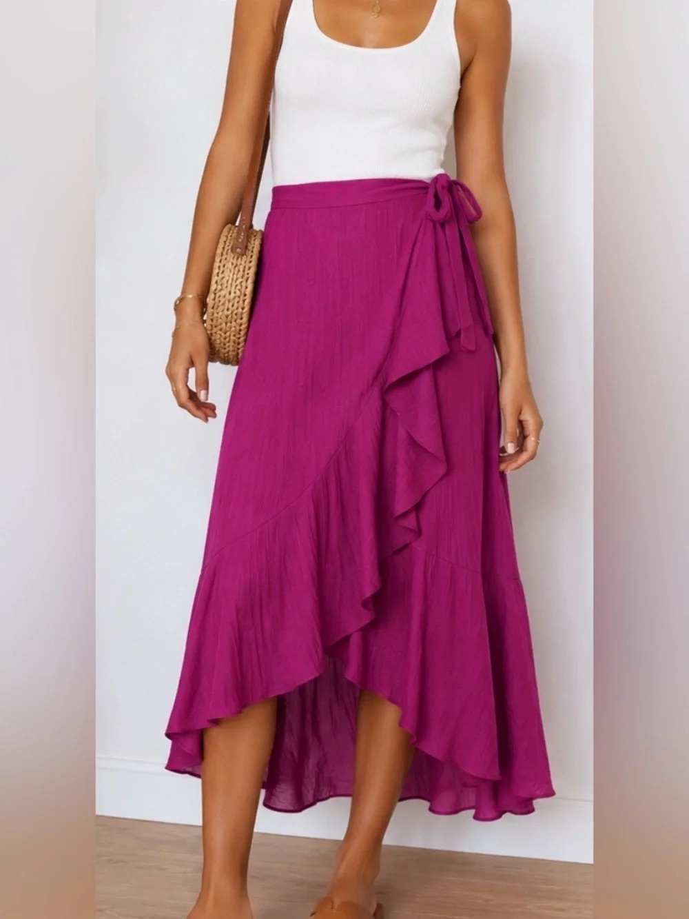 Anthropologie Magenta Wrap Ruffle Midi Skirt